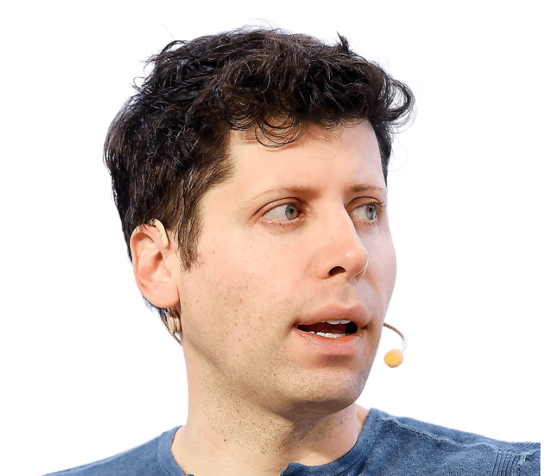 Sam Altman, de sweater gris, mira a cámara; retrato recortado sin fondo.